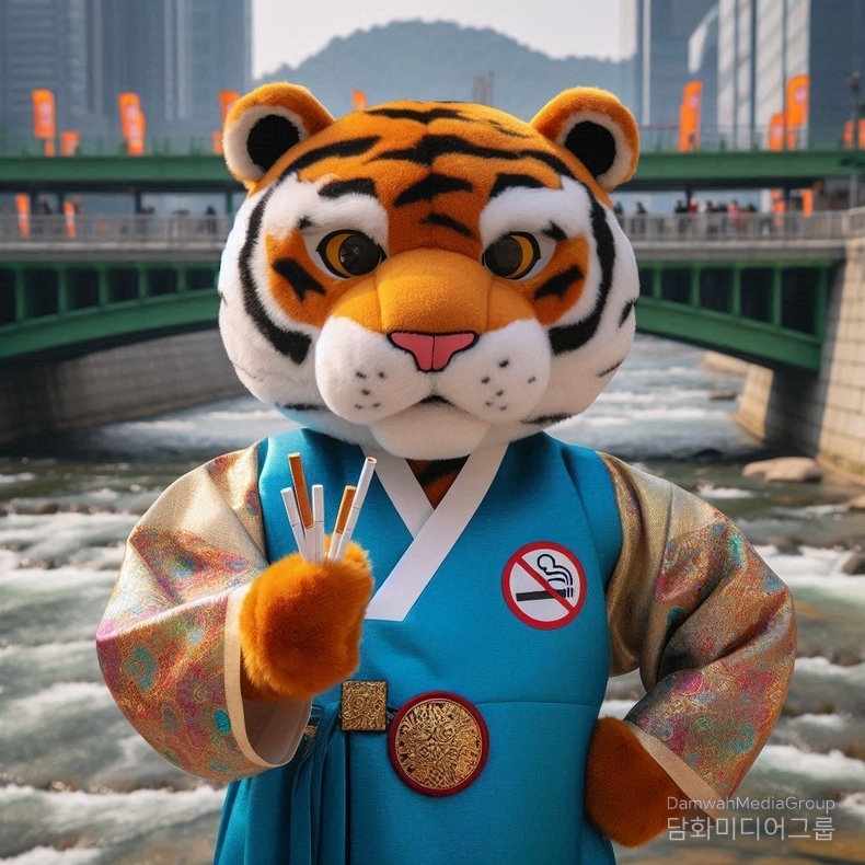 민화 한복을 입은 호랑이가 청계천에서 금연 운동을 하고있다.(그림-담화총사)