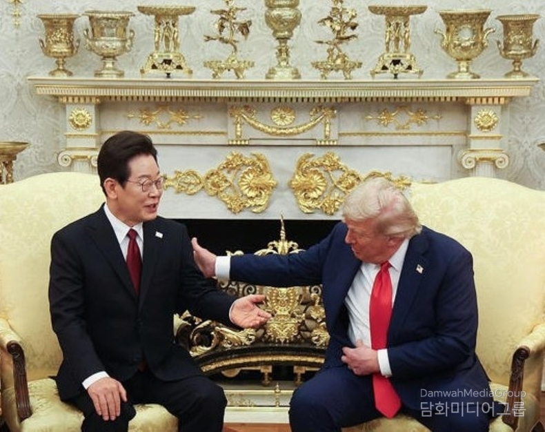  25일(현지시간) 미국 워싱턴 백악관 오벌오피스에서 열린 한미정상회담에서 이재명 대통령과 도널드 트럼프 미국 대통령이 환담하며 악수를 나누고 있다. 두 정상은 붉은색 넥타이를 착용한 채 미소와 유머를 주고받으며 회담의 긴장된 분위기를 누그러뜨렸다.