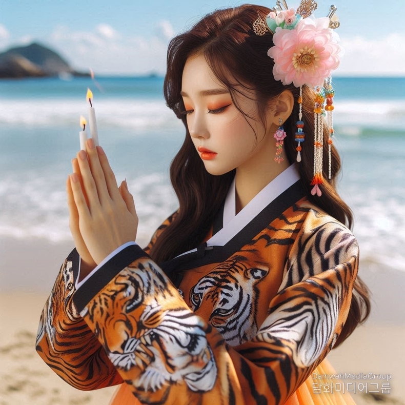 부처의 가르침처럼, 합장은 남을 향한 존중이자 자신을 다잡는 마음의 호흡이며, 호랑이는 외적을 막는 마음의 갑옷이다. 이 아름다운 K-민화 한복 속 호랑이와, 그 안의 맑고 고요한 합장은 전통의 겉모습이 아니라 진정한 수행의 내면을 보여주고 있습니다.